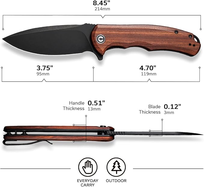 CIVIVI Folding Pocket Knife- Praxis Flipper Liner Lock Knife, 3.75" Black Stonewashed Blade with Cuibourtia Wood Handles, Reversible Clip for Everyday Carry Outdoor Use C803H
