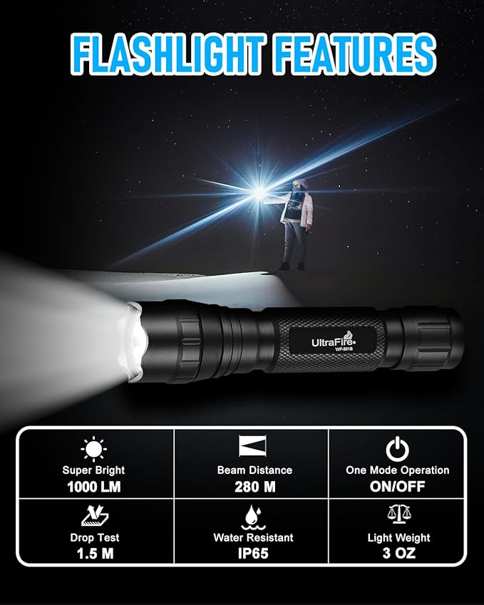 ULTRAFIRE Tactical Flashlight with Holster, Single Mode LED Flashlight 1000 High Lumen Duty Flashlights with Belt Holster and Charger, Bright Small Flash Light WF-501B