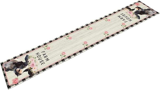 Cow Farmhouse Table Runner, Rustic Black White Plaid Buffalo Animals Flower Rose Farm Coffee Table Center Decor for Family Kitchen and Living Room Country Holiday Party Table Decorations, 13" X 108"