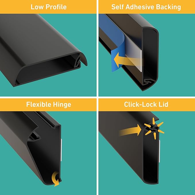D-Line TV Wall Mount Cord Hider, Hide Mounted TV Cables, Wire Covers, Self Adhesive Cover for Cords, Paintable, Low Profile, Seamless Cable Raceway - 2.36in W x 0.59in H x 15.7in L - Black