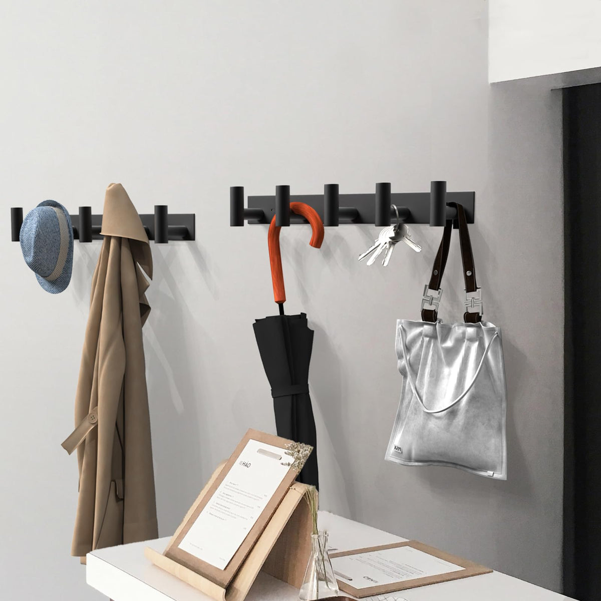 Black Hat and Coat Wall Mount Rack 5 Hooks for Robes (2 Count)