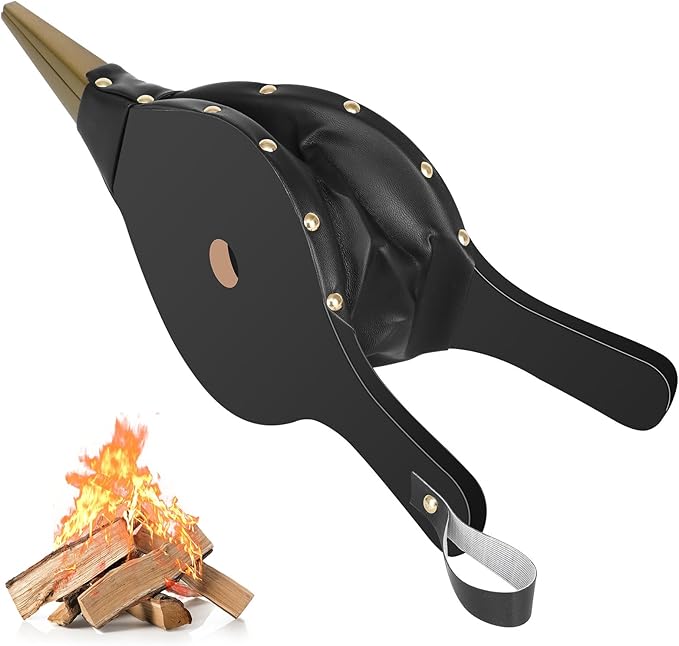 Gtongoko Fireplace Bellows Air Blower Cast Nozzle 14.8" x 5.6" for Outdoor Camping BBQ Grill Chimney Hand Bellow Pump Pit Barbeque Fire Tools Accessories with Hanging Strap, Black