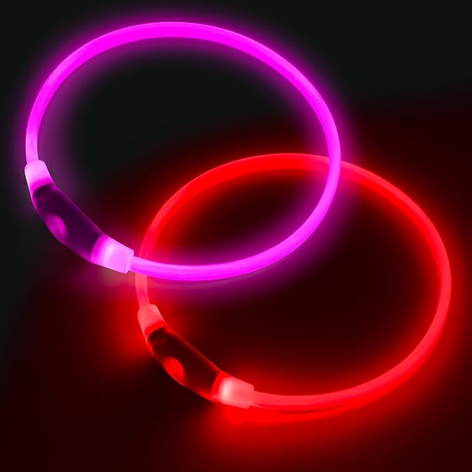 2 Packs Light Up Dog Collar, LED Dog Collar, USB Rechargeable Dog Lights for Night Walking, Adjustable Glow in The Dark Collars for Small Medium Large Dogs, Waterproof Safety Pets Lights Red&Pink