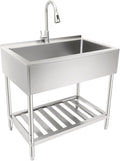 Stainless Steel Laundry Sink with Large Wash Stand, Free Standing Single Bowl Kitchen Sink with Pull Faucet, Utility Sink for Laundry Room Bathroom Farmhouse (36x22x34in)