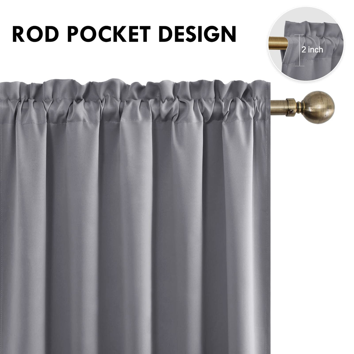 Wide Blackout Curtains for Bedroom Living Room 60 x 63 Inch Long Grey (2 Count)