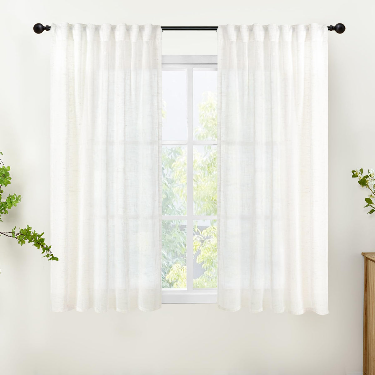 Linen Semi Sheer Curtains 48 Inch Length (2 Count)