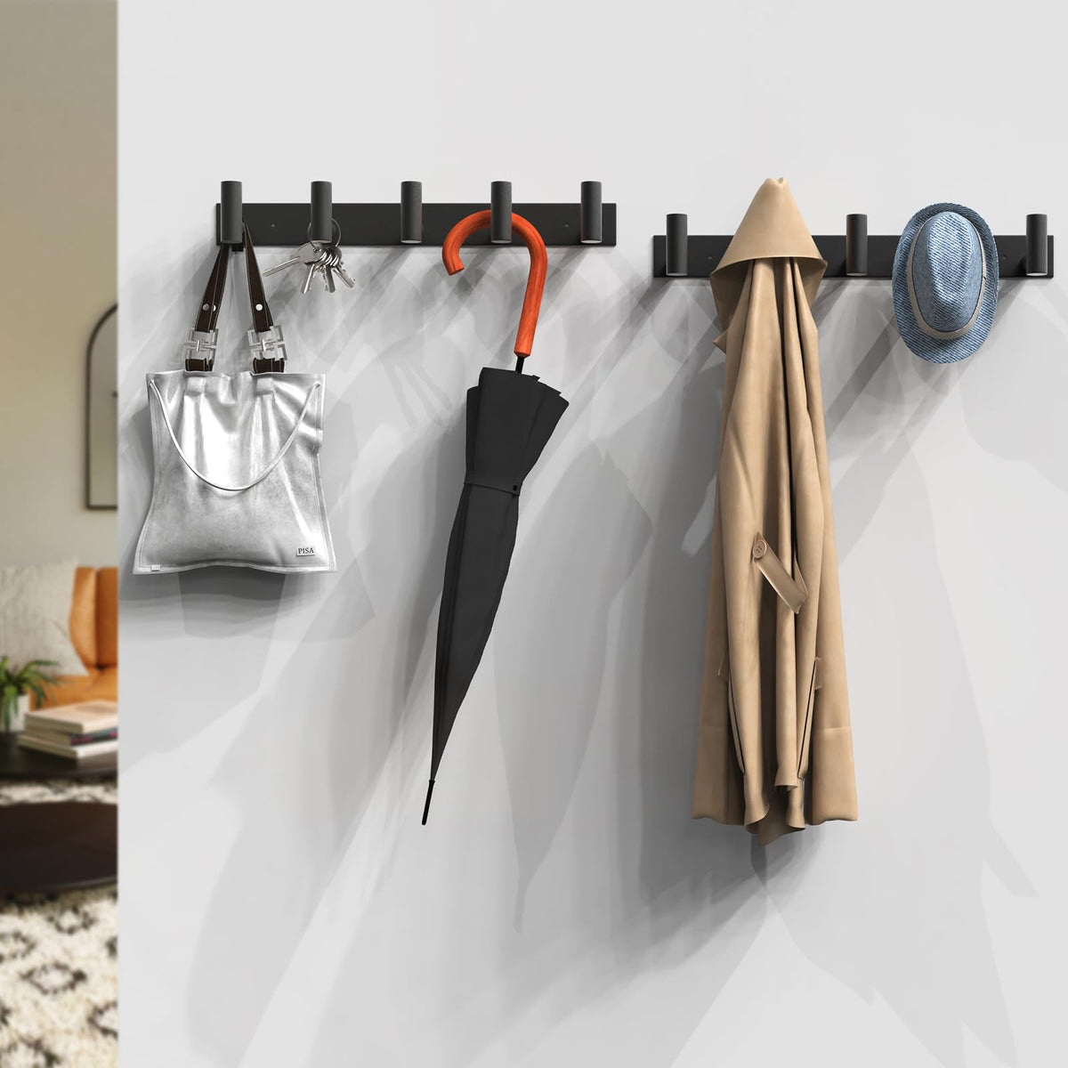 Black Hat and Coat Wall Mount Rack 5 Hooks for Robes (2 Count)
