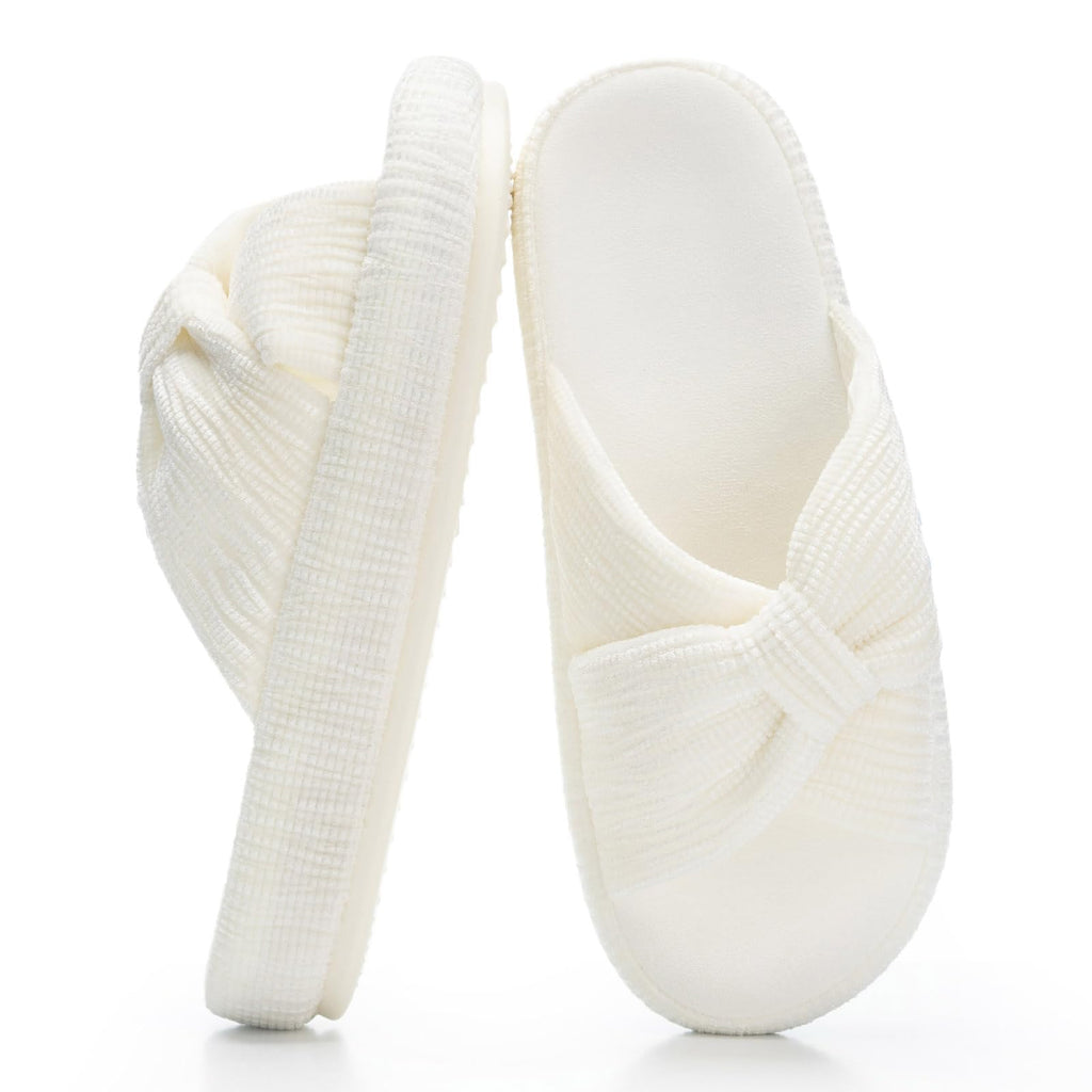 Slippers for Women Memory Foam House Bedroom Bow Crossbands Pearlescent Slipper Shoes Comfy Trendy Gift Slippers White Size 11 12 10.5