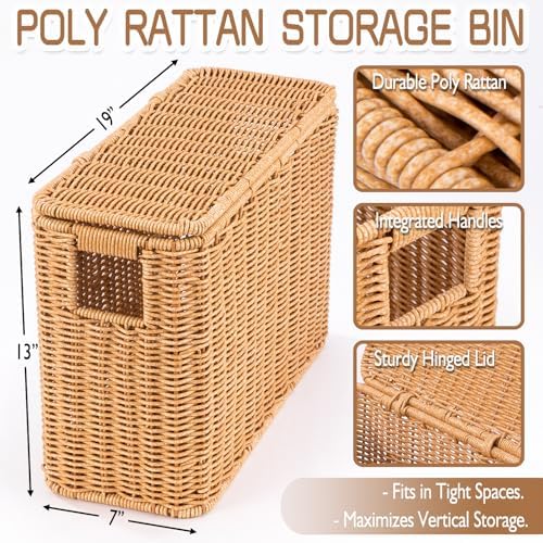 Toilet Paper Storage Basket with Lid, Slim Bathroom Poly Rattan Organizer