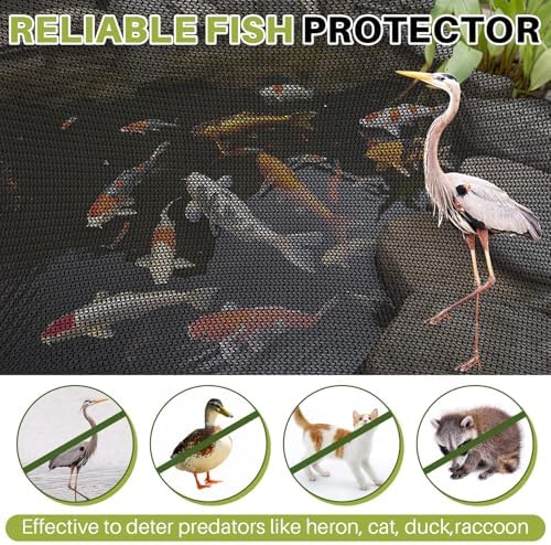 Koi Pond Netting Kit 7 x 10ft, Heavy-Duty Pe, Bird Deer Fence Netting, Durable Net Cover for Leaves, Protect Fish from Blue Heron Bird, Cats & Predators, Stakes & Ties Included