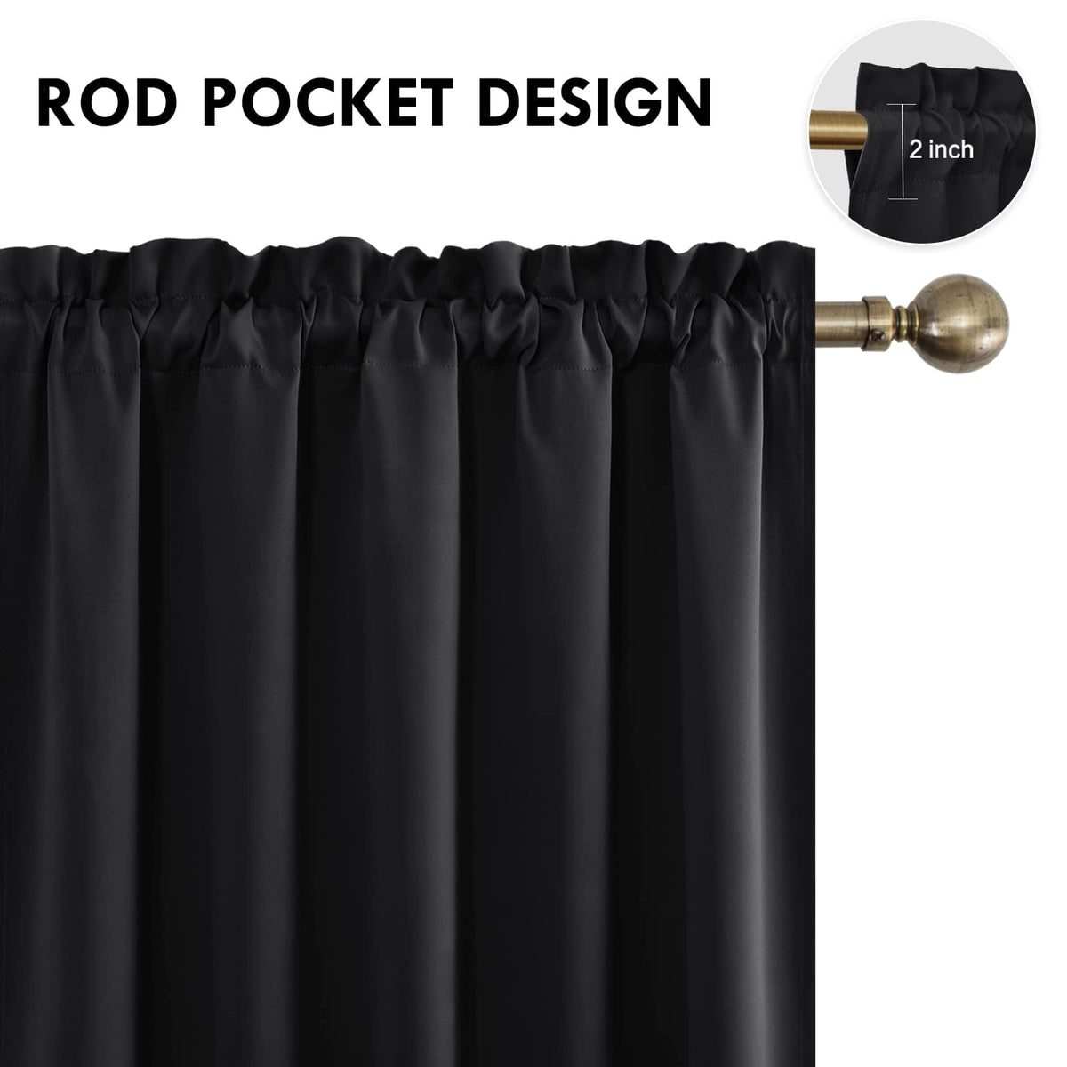 Wide Blackout Curtains for Bedroom Living Room 70 x 63 Inch Long Black (2 Count)