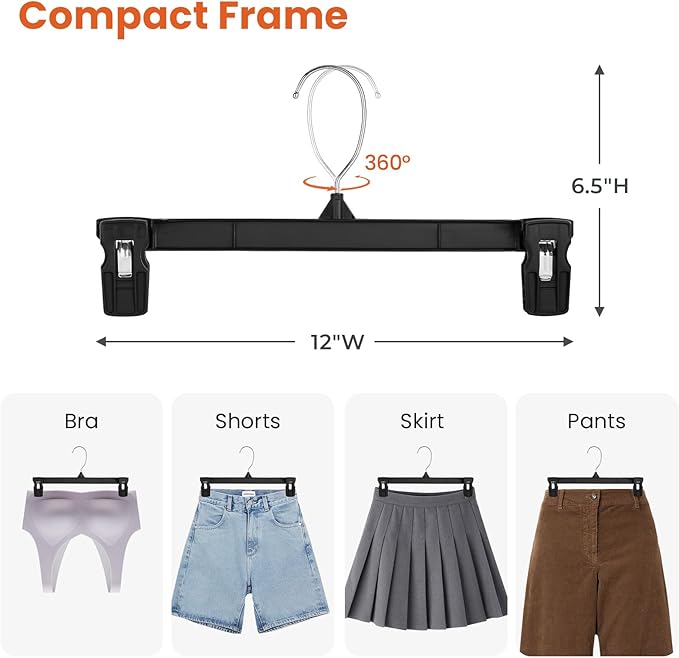 HOUSE DAY Black Pants Hangers 50 Pack, 12 Inch Skirt Hangers with Non-Slip Big Clips and 360° Swivel Hook, Heavy Duty Slim Plastic Pant Hanger, Space Saving Clip Hanger for Pants, Skirts, Shorts