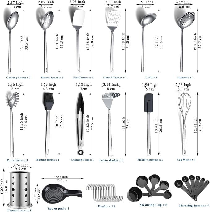 Stainless Steel Kitchen Utensils Set 40 Pieces, Cooking Utensil Set with Utensils Holder, Kitchen Gadgets Kitchen Essentials New Home, House, Appartment Must Have, Metal Spatula Set