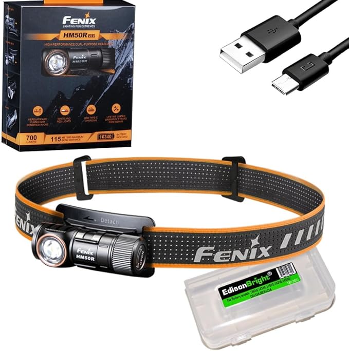 Fenix HM50R V2 700 Lumen Rechargeable White/red LED Multipurpose Headlamp with EdisonBright Accessory case Bundle