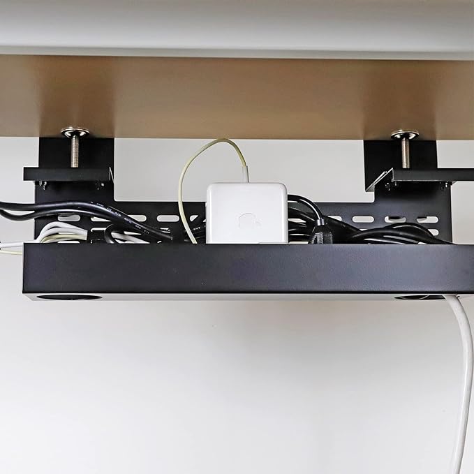 AEONS Under Desk Cable Management Tray Wire Cord Organizer Removable C Clamp Mount No Drill Computer Cord Raceway and Modesty Panel, Black, 16-inch