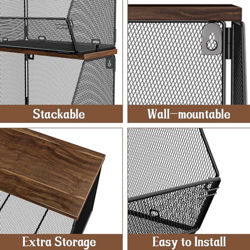 Stackable Fruit Basket for Kitchen Countertop Space Saving, Wall Mounted Mesh Metal Wire Basket with Wood Lid Extra Storage, 2 Pack Kitchen Counter Organizer for Snack, Onion and Potato Storage, Black