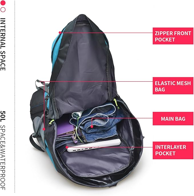 Bseash 50L Hiking Backpack, Water Resistant Lightweight Outdoor Sport Daypack Travel Bag for Camping Climbing Skiing Cycling (Lake Green - No Shoe Compartment)
