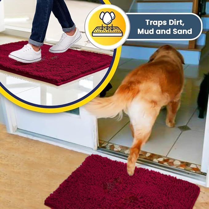 Muddy Mat® AS-SEEN-ON-TV Highly Absorbent Microfiber Door Mat and Pet Rug, Non Slip Thick Washable Area and Bath Mat Soft Chenille for Kitchen Bathroom Bedroom Indoor and Outdoor - Maroon 24" x 72"