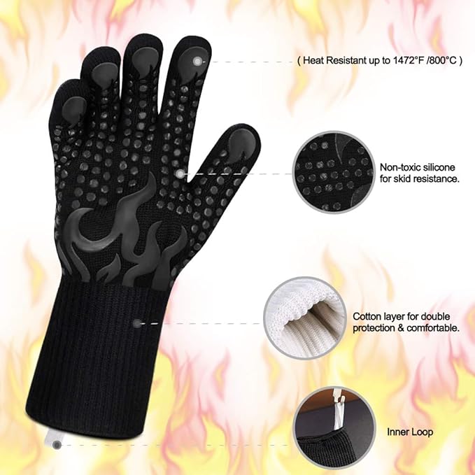 Comsmart BBQ Gloves, 1472F Heat Resistant Silicone Non-Slip Oven Mitts, Long Kitchen Gloves Perfect for Grilling, Cooking, Baking, Cutting