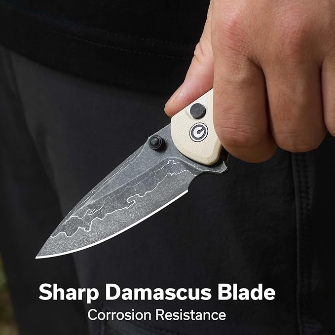 CIVIVI Faeger Pocket Folding Knife for EDC, 2.98" Damascus Blade G10 Handle, Reversible Clip for Men Women Outdoor Carry C24031-DS1 (Ivory)