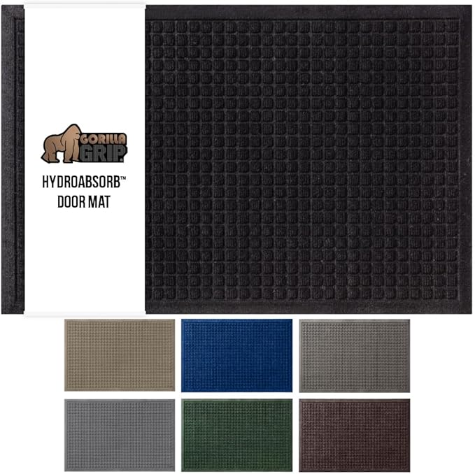 GORILLA GRIP Front Door Mat, Indoor Outdoor Ultra Absorbent HydroAbsorb Doormat, Absorbs Up to 1.7 Cups of Water, Stain and Fade Resistant, Rubber Backing Doormats, Captures Dirt, 29x17 Black