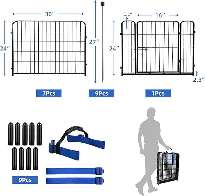 ADAVIN 24 in(H) Garden Fence with Gate, 8 Panels Total 19.7 Ft(L), Heavy Duty Iron Metal Animal Barrier Fence, Dog Fence Outdoor for Yard, Temporary Fencing, No Dig Garden Border Fencing