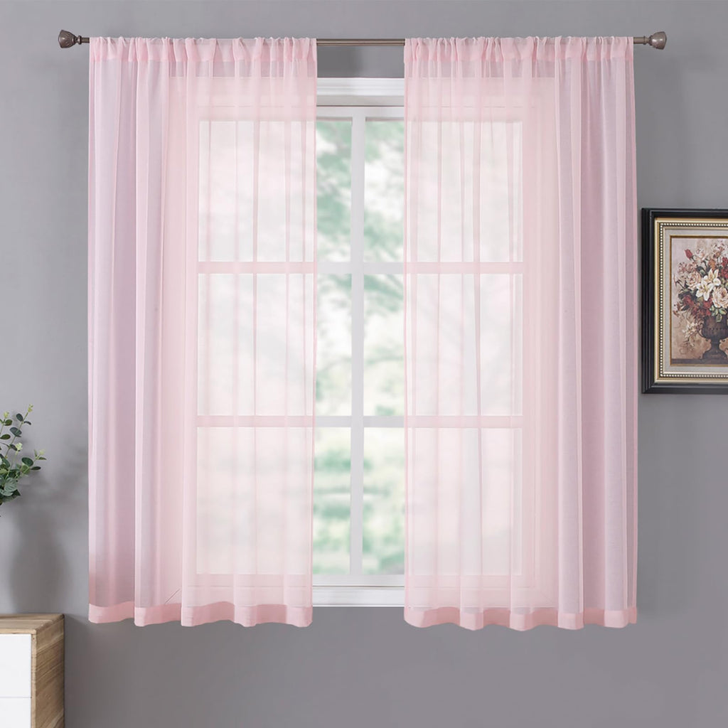 Short Sheer Curtain Living Room Linen Textured Curtains Sheer Light Filtering Voile Rod Pocket Curtain for Bedroom (2 Count)