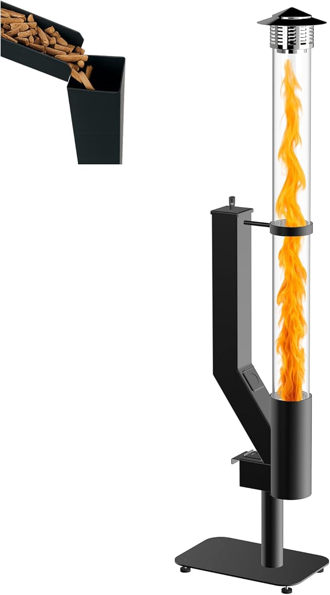 Smokeless Wood Pellet Patio Heater, Spiral Swirling Flame Glass Tube Fire Pit for Patio/Garden/Backyard, Anti-Tip Steel Base with Adjustable Feet, Outdoor Use Only
