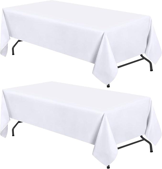 WEALUXE White Table Cloths for 8 Foot Rectangle Tables, 2-Pack, 60x126 inches, Water, Stain and Wrinkle Resistant, 200 GSM Washable Poly Fabric Tablecloths Rectangular, Elegant and Durable