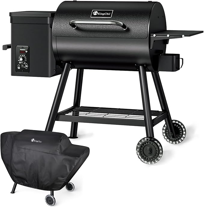 KingChii Electric Wood Pellet Grill & Smoker with Side Shelf, 456 SQ.IN Grill Capacity, with PID Temperature Control (180-425°F) for Backyard Camping Bake and Roast, Black with Cover