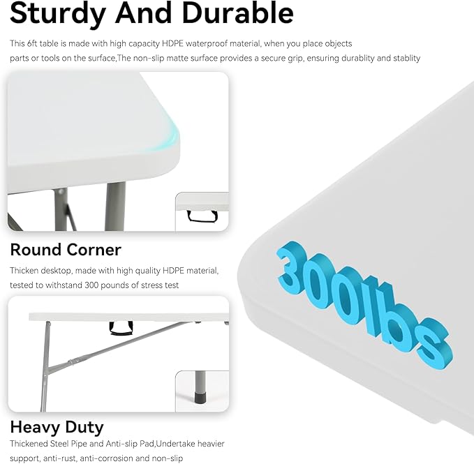 20 Pack of 6 Foot Foldable Table with Built in Handle & Steel Legs ,Heavy Duty Portable ,Perfect for Party, Dining, Wedding, Events, Picnic Indoor, Outdoor, Camping, Utility, Folding(white-20pac)
