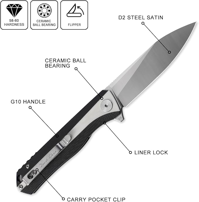 Petrified fish PF818,3.54" D2 Blade,104g G10 Handle Flipper Folding knife (Black and White, Satin)