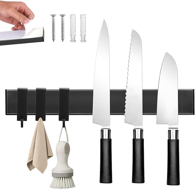 Magnetic Knife Holder With 3 Hooks, 12 Inch Knife Magnetic Strip No Drilling Adhesive Magnetic Knife Holder for Wall Mount Fridge Refrigerator, Magnet Bar Tool Holder Organizer RV Kitchen Gadgets