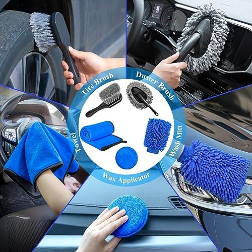 34Pcs Car Detailing Brush Set, Car Detailing Kit, Auto Detailing Drill Brush Set, Car Detailing Brushes, Car Wash Cleaning Tools Kit for Interior, Exterior, Wheels, Blue