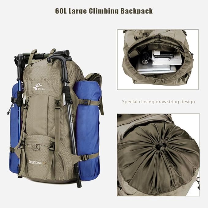 Bseash 60L Waterproof Hiking Camping Backpack with Rain Cover, Large Outdoor Sport Travel Daypack Rucksack for Climbing