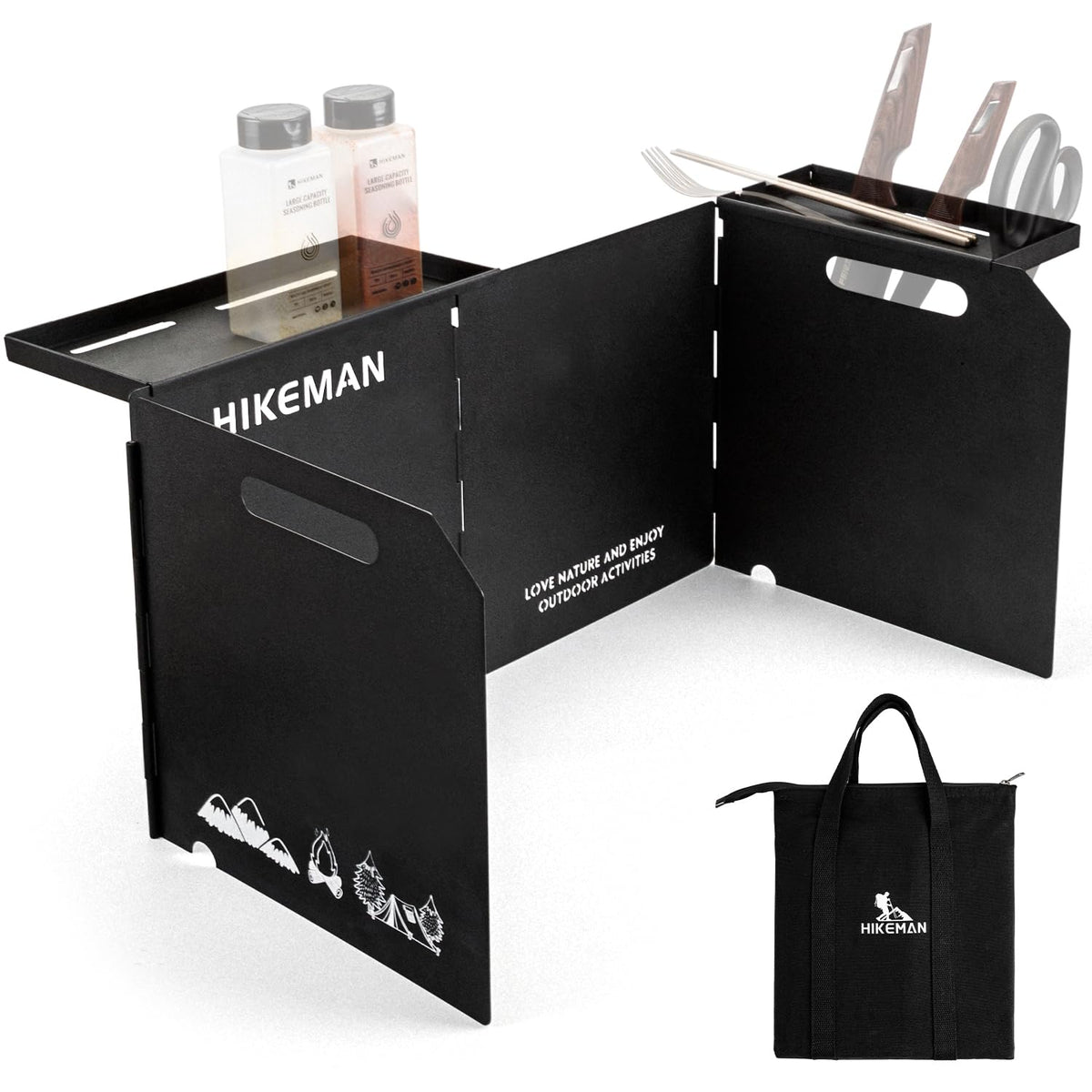 HIKEAMN Camping Stove Windscreen - Outdoor Folding Gas Stove Windshield,Camping Wind Blocker,Cooker WindScreen with a Storage Bag for Camping,Hiking,Picnic,Cooking (Black)