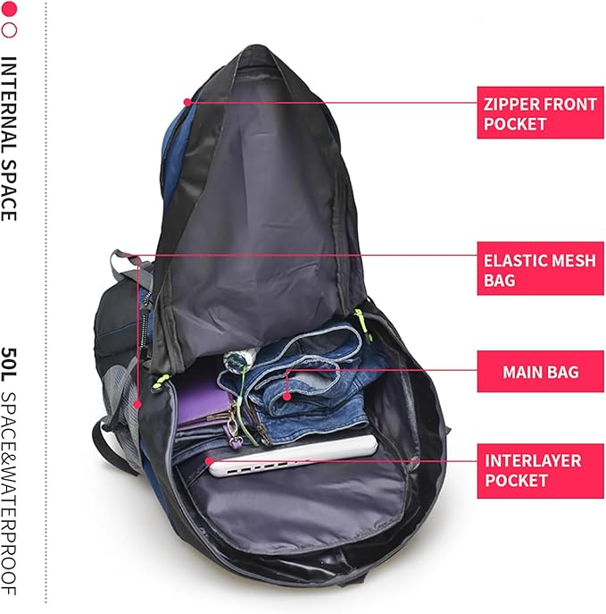 Bseash 50L Hiking Backpack, Water Resistant Lightweight Outdoor Sport Daypack Travel Bag for Camping Climbing Skiing Cycling (Navy Blue - With Shoe Compartment)