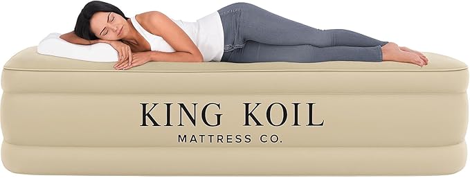 King Koil Plush Pillow Top Twin Air Mattress with Built-in High-Speed Pump for Camping, Home & Guests - 20??Twin Size Airbed Luxury Inflatable Blow Up Mattress, Waterproof, 1-Year Warranty