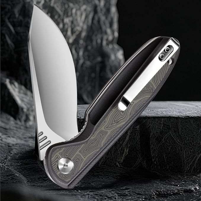 ioko Folding knife D2 blade material, G10 two-color handle, suitable for men and women outdoor camping carrying knife, sharp and durable blade, with pocket clip (argent)
