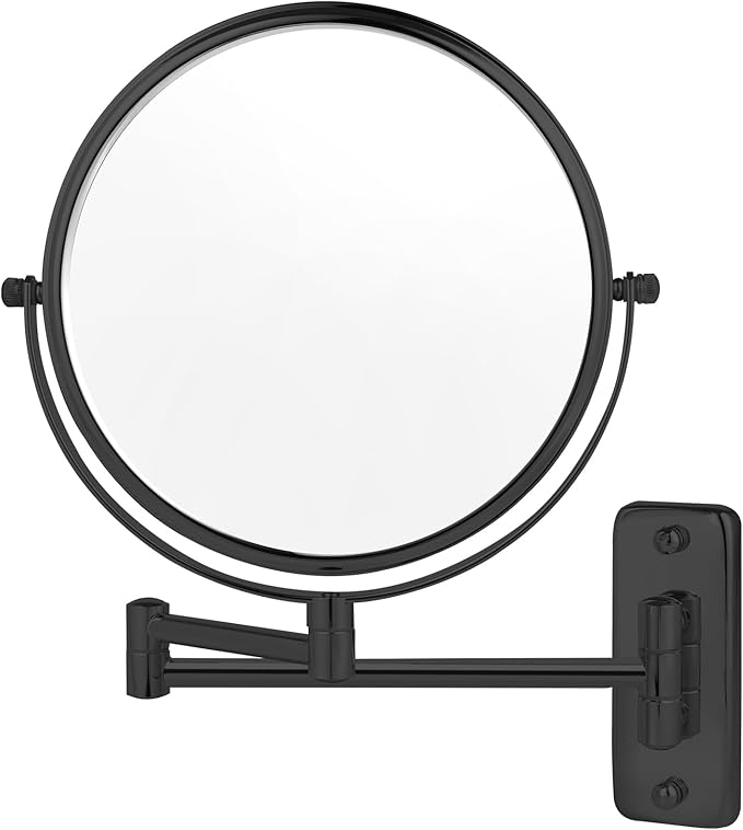 8” Wall Mounted Makeup Mirror with10X Magnification, Double Sided Shaving Mirror Wall Mount for Bathroom, 360° Swivel Extendable Vanity Mirror with Adjustable Arm for Daily Use, Matte Black（No Light）