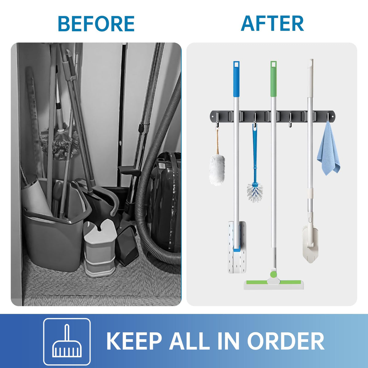 2 Pack Mop Broom Holder Wall Mount 3 Racks 4 Hooks Storage Black (2 Count)