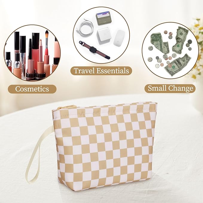 Ethereal Small Makeup Bag, Checked Travel Makeup Bag with Makeup Brush Holder, Cosmetic Bag Black Make up Pouch for Women/Girls