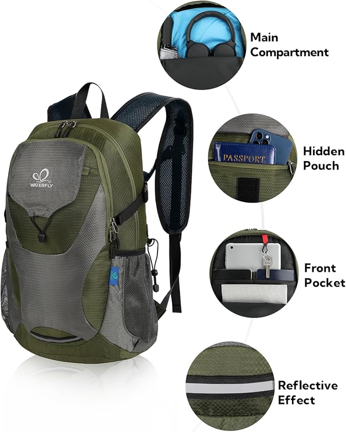 WATERFLY Lightweight Packable Hiking Backpack: 30L Foldable Travel Daypack Ultralight Camping Day Pack for Woman Man