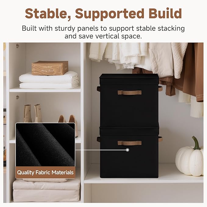 StorageWorks Storage Bins with Lid, Decorative Fabric Storage Bins with Handles, Stackable Closet Organizers for Shelves and Bedroom, Large, Black, 2-Pack