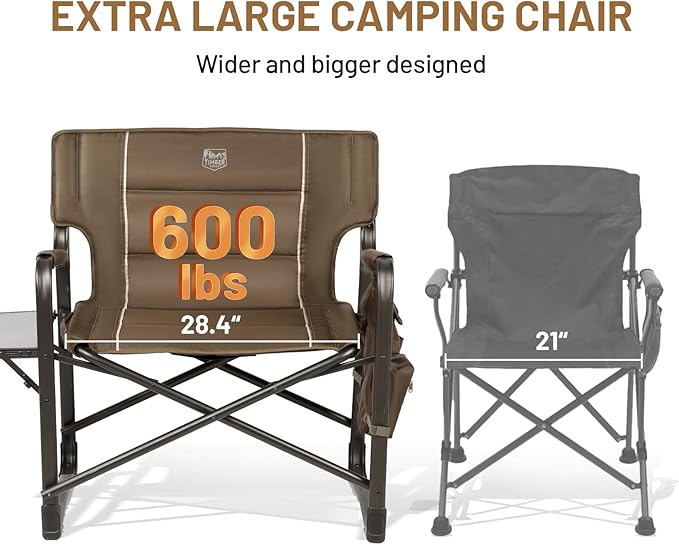 Timber Ridge XXL Upgraded Oversized Directors Chairs with Foldable Side Table, Detachable Side Pocket, Heavy Duty Folding Camping Chair up to 600 Lbs Weight Capacity (Brown) Ideal Gift
