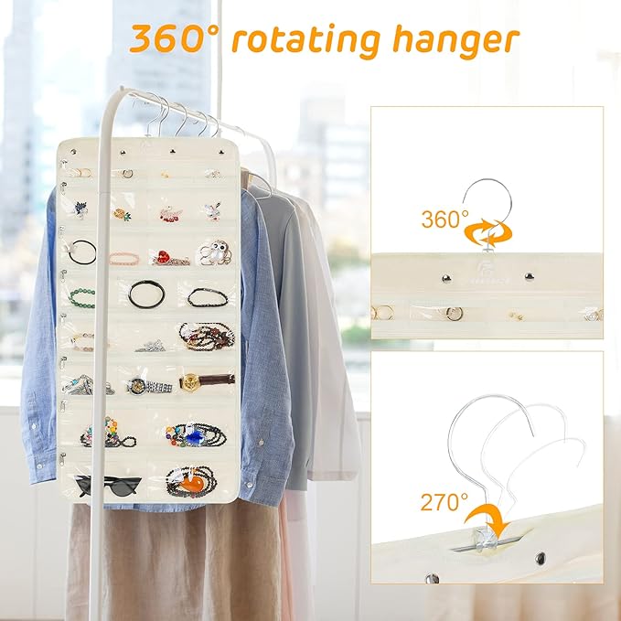 Freegrace Hanging Jewelry Organizer Revolving Hanger - Secure Zipper Closure - 25 Pockets,23 Hooks - Foldable Storage & Display Solution - For All Jewelry & Bijoux (Beige)