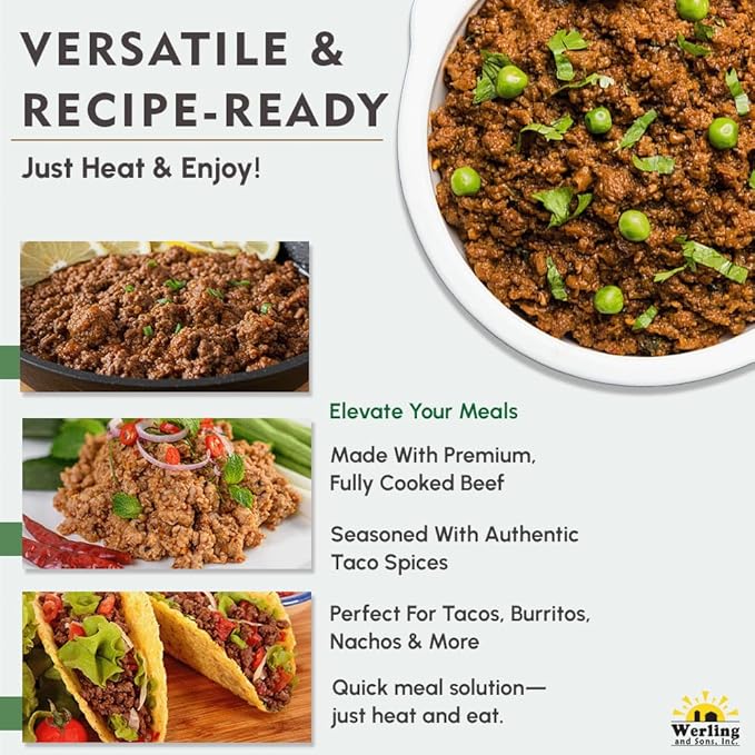 Werling & Sons Taco Beef Filling 14.5 Oz ??Fully Cooked, Heat & Serve | Premium Shelf-Stable Canned Meat | For Everyday Meals, Emergency Food Storage, Camping, Survival, Prepping & Quick Meals | Made in USA | 5-Year Shelf Life | Pack of 12