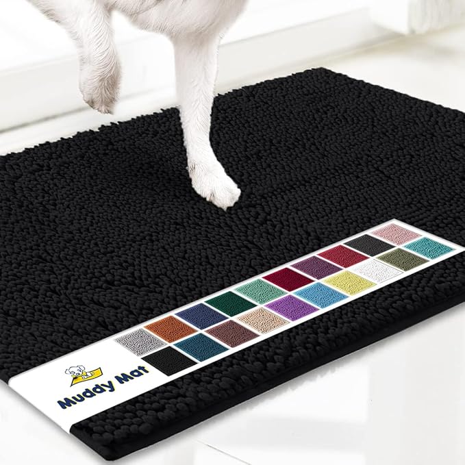 Muddy Mat® Shown on TV – Super Absorbent Microfiber Dog Door Mat for Muddy Paws, Non-Slip Washable Pet Rug, Quick Dry Chenille Entryway Carpet, Machine Washable Indoor Outdoor mat, Black 28"x18"