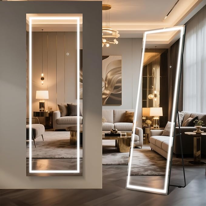 Kosmonia 56"x18" Full Length LED Mirror with Lights, Dimmable Standing/Wall Mirror for Bedroom, Full Body Lighted Floor Mirror, Tempered Glass, Easy Setup w/Stand, Wall/Standing