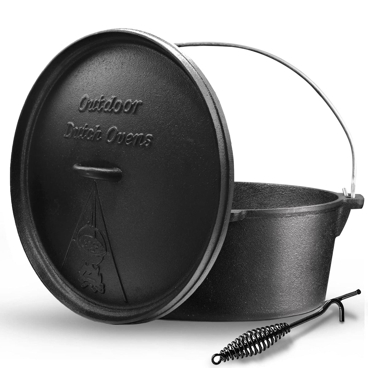 NSIRONS Camping Dutch Oven,12 Qt Pre-Seasoned Cast Iron Camp Dutch Oven Pot with Lid - Lid Lifter, Cast Iron Dutch Oven with Metal Handle for Cooking BBQ Baking Campfire Modern Black